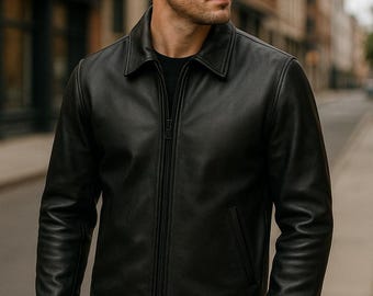 Men's Black Retro Leather Jacket Slim Fit Café Racer Motorcycle Biker Style Jacket