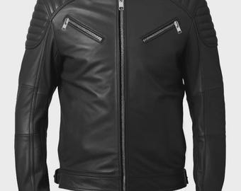 Men’s Black Cafe Racer Leather Jacket Handmade Vintage Motorcycle Biker Style Jacket For Men.