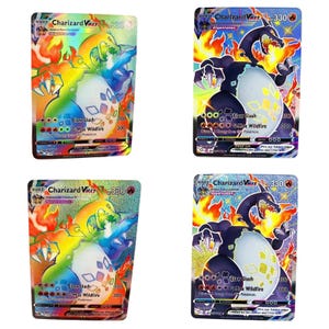 Aangepaste Charizard VMAX-pokemonkaarten – Rainbow and Shiny Holo-fanart – set met glitter en gladde afwerking