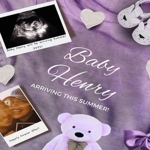 Faire-part de grossesse en téléchargement numérique | Déguisement bébé non sexiste | Style bohème violet | Carte de date d'échéance modifiable