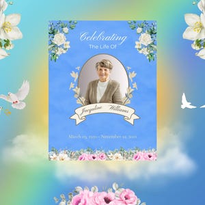 Szablon programu pogrzebowego Blue Cloud: Celebracja życia (wersja cyfrowa do pobrania)
