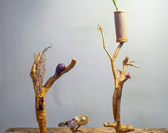 Handmade Wooden Bird Art Sculpture Set, Rustic Nature Vase Stand Accent