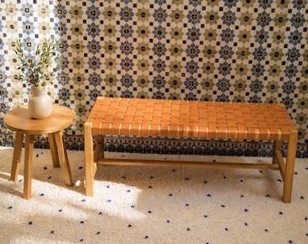 Handmade Woven Leather Bench Moroccan Ottoman Seat Rustic Entryway Bench Boho .