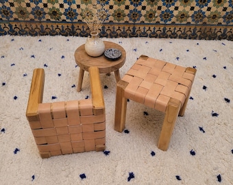Moroccan Woven Leather Bench, Handmade Wooden Entryway Seat, Rustic Boho End Bed Bench.