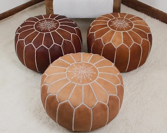 Moroccan Leather Pouf Ottoman, Handmade Genuine Leather Floor Cushion | Boho Footstool, Bohemian Home Decor, Unstuffed