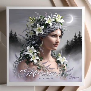 Artemis in Bloom – Romantic Floral Artemis Printable Wall Art, Goddess of the Moon and Wilderness, Greek Goddess Botanical Art Print