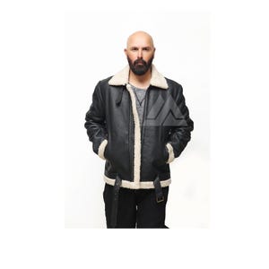 Herren SCHWARZE Schaffell Einzelkragen Creme Fell Lederjacke - B3 Bomber Pilot Fliegerjacke für Herren - Handgefertigter Wintermantel - Geschenk für Ihn