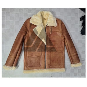 Men&#39;s Brown Waxed Real Sheep Leather Jacket - Fur Lined Winter Coat - RAF B3 Bomber pilot Jacket Men&#39;s Brown Bomber Coat for Men Winter Gift