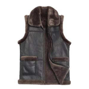 Men&#39;s Coffee Brown Fur Real Sheep Leather Vest - Real Leather Fashion Waistcoat for men - Fur Hemmed Arm whole and Pocket Collar Vest