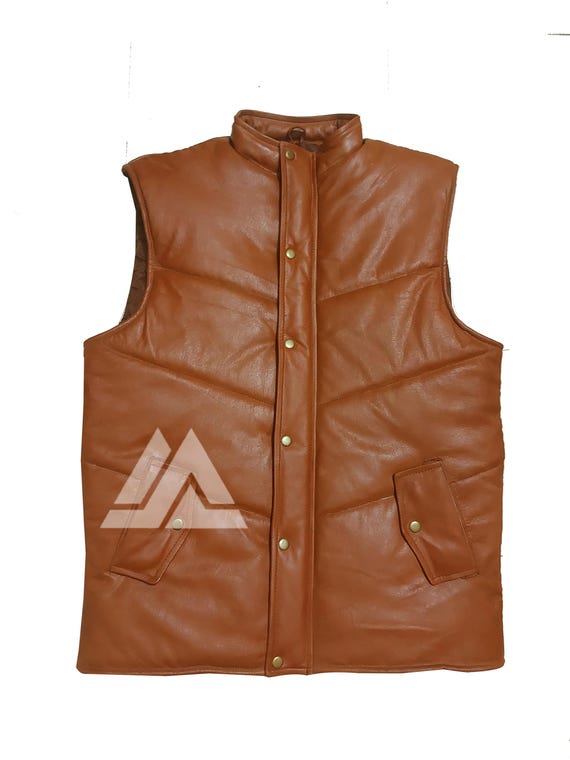 TAN Brown Genuine Soft Sheep Leather Waistcoat for Men Half Sleeve