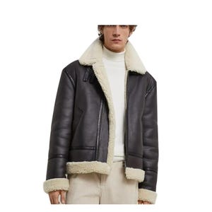 Herren BLACK Echtschaffell Einzelkragen Leder Bomberjacke - B3 Bomber Pilot Aviator Pelzjacke für Herren - Handgemachter warmer Mantel - Geschenkidee