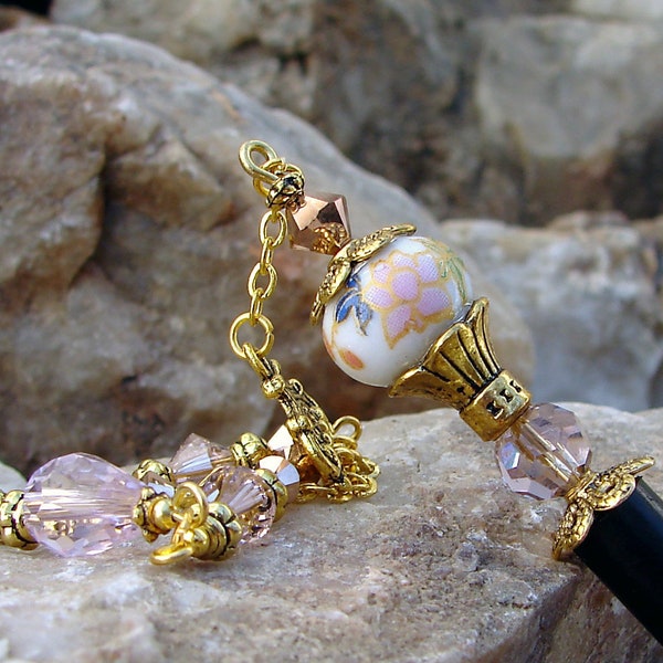 Pretty Pink Hair Stick, Japanese Geisha Floral Porcelain and Crystal Hairstick, Kanzashi Hair Pins, Pastel Flower Hair Chopsticks - Tristen