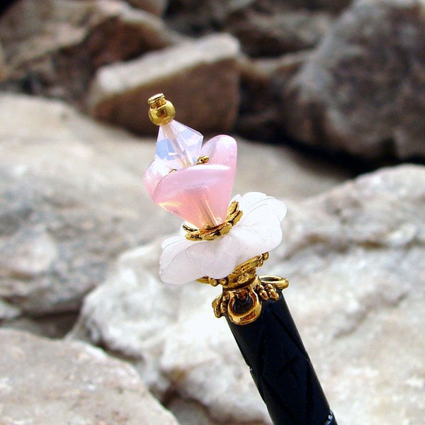 Pink Floral Hair Stick Rose Quartz Flower Hair Sticks Swarovski Geisha Hairsticks Kanzashi Hair Pins Pics Hair Chopsticks - Melosia 2875