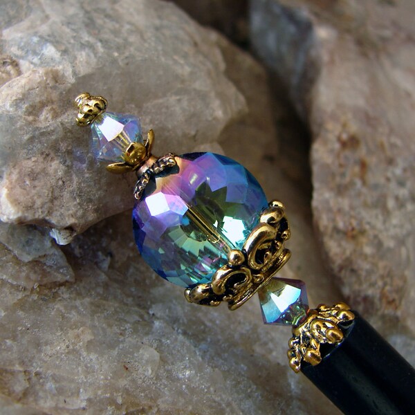 Blue Purple Crystal Hair Stick with Swarovski Provence Lavender AB Crystal and Gold Accents - Bellanca 3099