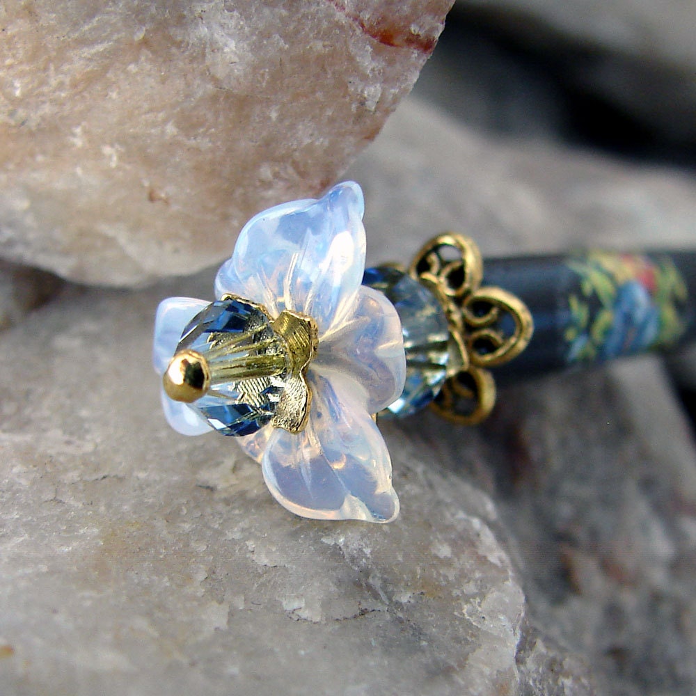Opalite Glass Flower Hair Stick With Sapphire Blue Crystal - Etsy