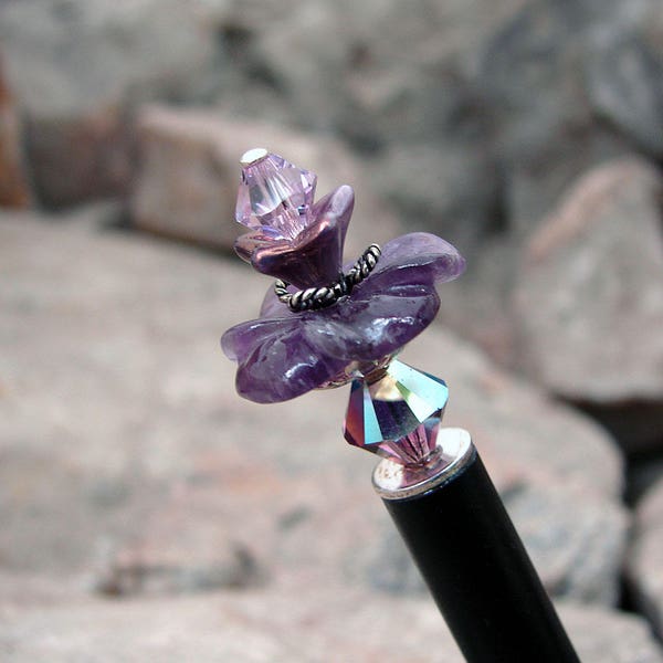 Purple Flower Hair Stick Amethyst Gemstone with Swarovski Crystals and Sterling Silver Hair Accessories Floral Hairstick - Melantha 2989