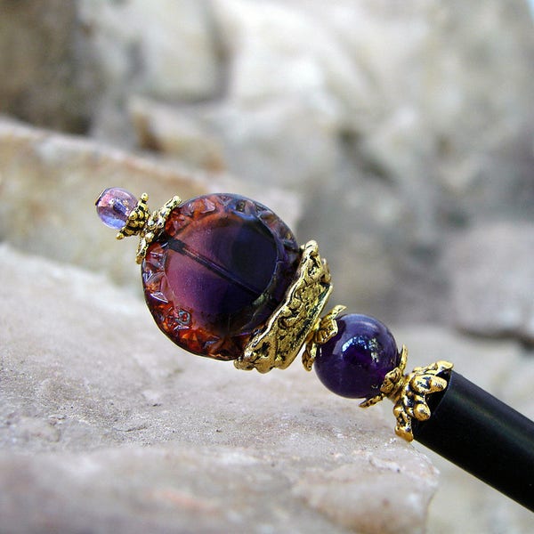 Hair Stick Amethyst Purple and Ruby Carved Glass Coin Hair Pin with Amethyst Gemstone Japan Hair Pick Hair Chopstick - Laila