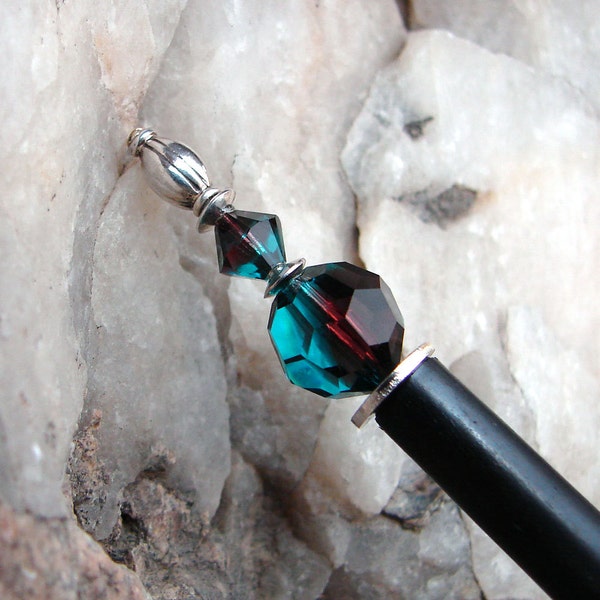 Crystal and Sterling Hair Stick - Swarovski Crystals in Two Tone Burgundy and Dark Aqua Blue with Sterling Silver Accents - Devynn 3143