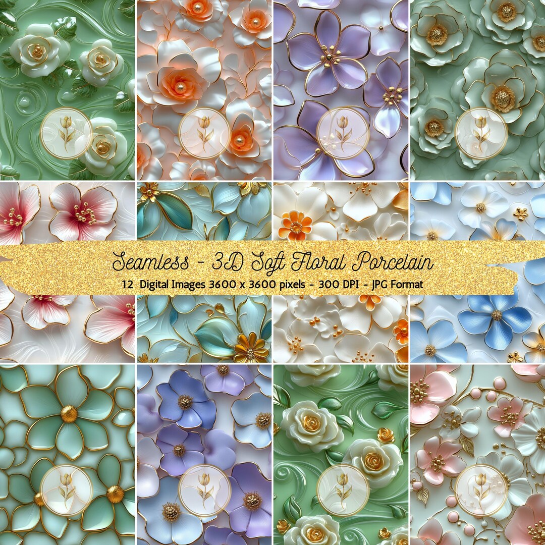 3D Floral Digital Paper Pack: Seamless Porcelain Patterns (commercial ...