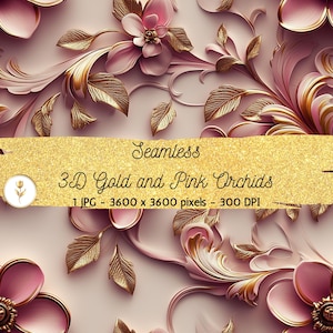 3D Floral Background Digital Paper Gold and Pink Orchids Seamless Pattern Repeating Flower Background Texture Scrapbook Printable Paper