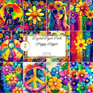 Happy Hippie Digital Paper: Flower Power, Peace Sign (Digital Download)
