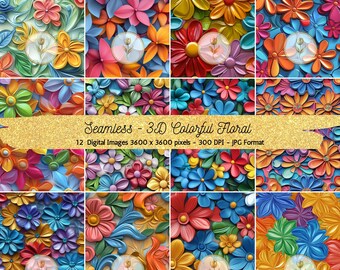 May include: Twelve digital seamless patterns featuring 3D colorful flowers. Each pattern is 3600 x 3600 pixels and 300 DPI. The flowers are in various colors, including red, orange, yellow, green, blue, purple, and pink.