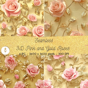 3D Floral Background Roses Digital Paper Pink and Gold Seamless Pattern Repeating Flower Background Texture Scrapbook Printable Paper