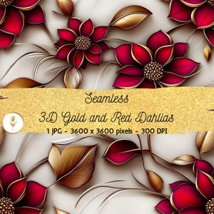 3D bloemen achtergrond digitaal papier gouden en rode dahlia's naadloze patroon herhalende bloem achtergrondstructuur plakboek afdrukbaar papier