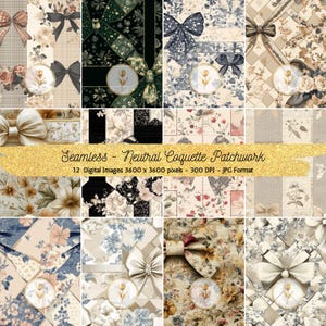 Neutral Coquette Patchwork Digital Paper Bundle Patchwork Seamless Pattern Repeating Fabric Background Scrapbook Printable Paper