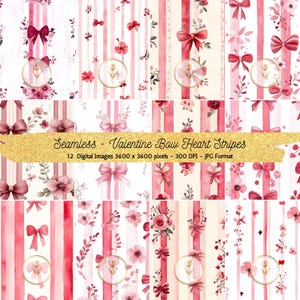 Valentine Bow Heart Stripes Seamless Repeating Pattern, Pink and Blue Seamless Pattern, Digital File for Commercial Use