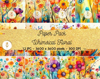 Watercolor Whimsical Flowers Digital Paper: Scrapbook Backgrounds (Digital Download)
