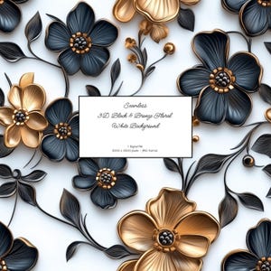 3D bloemen zwart bronzen bloemen witte achtergrond digitaal papier naadloos patroon bundel herhalende bloem textuur plakboek afdrukbaar papier