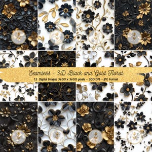 3D bloemen zwart goud bloemen achtergrond digitaal papier bundel naadloos patroon herhalende bloem textuur plakboek afdrukbaar papier