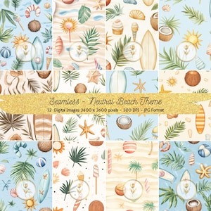 Puede incluir: Doce patrones digitales sin costuras con un tema de playa neutro. Los patrones incluyen varios elementos de playa como hojas de palma, cocos, conchas marinas, tablas de surf, conos de helado y estrellas. Los patrones están en una paleta de colores azul claro, blanco y beige.