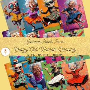 Crazy Old Woman Dancing Junk Paper | Whimsical Old Lady | Scrapbooking Design | Instant Download | Junk Journal | Commercial Use