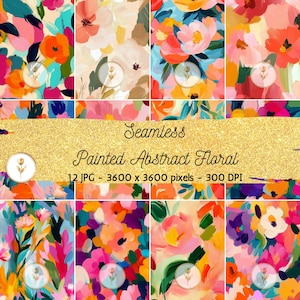 Puede incluir: Un conjunto de 12 patrones de papel digital sin costuras que presentan diseños florales abstractos en colores brillantes como rosa, naranja, amarillo, azul y verde. Los patrones son perfectos para crear fondos, scrapbooking y otros proyectos de manualidades.