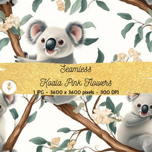 Koala Digital Paper Seamless Pattern Repeating Cute Animal Background Pink Flowers Scrapbook Printable Paper