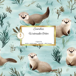 Könnte beinhalten: Nahtloses Aquarellmuster mit Ottern, die in türkisblauem Wasser mit grünem Seegras schwimmen. Der Text "Seamless Watercolor Otter" befindet sich in einem goldenen Rahmen.