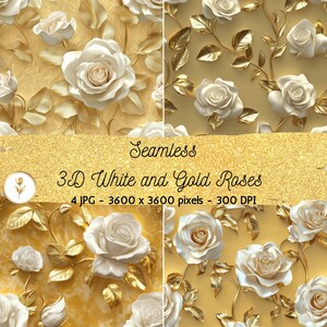 3D Floral Background Roses Digital Paper White and Gold Seamless Pattern Repeating Flower Background Texture Scrapbook Printable Paper