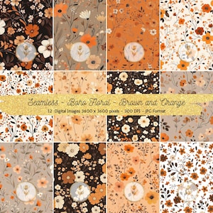 Könnte beinhalten: Zwölf digitale nahtlose Muster mit einem Boho-Blumenmuster in Braun- und Orangetönen. Die Muster sind 3600 x 3600 Pixel groß und haben 300 DPI.