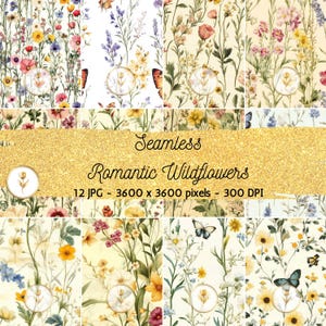 Romantic Wildflowers Printable Paper Seamless Shabby Chic Digital Flower Junk Journal Butterflies Papers Floral Scrapbook JPG Ephemera