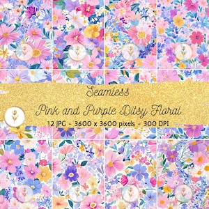 Pink Purple Ditsy Flowers Pattern, Seamless Ditsy Floral, Girly Floral Background, Cute Ditsy Floral Background Pattern File