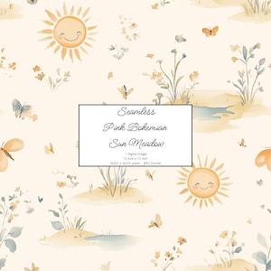 Boho Sun Wiese Nahtloses Muster, Stoffdesign, Naturdesign, sich wiederholende Fliese, Kind Scrapbooking, Mädchen-Tapete