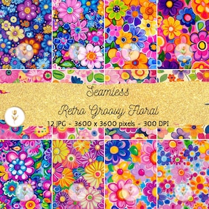 Seamless Groovy Floral Pattern | Seamless Hippie Digital Paper | Watercolor 70S Retro Flowers | Scrapbook Paper | Commercial Use