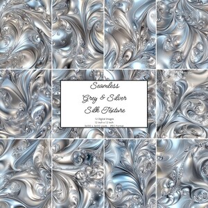 May include: A set of 12 seamless digital paper patterns featuring a swirling grey and silver silk texture. Each pattern is 12 inches by 12 inches and 3600 pixels by 3600 pixels in size. The patterns are in JPEG format.
