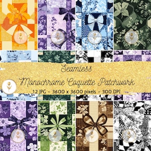 Peut inclure: Douze motifs numériques de papier avec un schéma de couleurs monochromes et un design patchwork de nœuds et de motifs floraux. Le texte "Seamless Monochrome Coquette Patchwork" est affiché en lettres dorées sur un fond de paillettes dorées. Le texte "12 JPG - 3600 x 3600 pixels - 300 DPI" est également affiché.