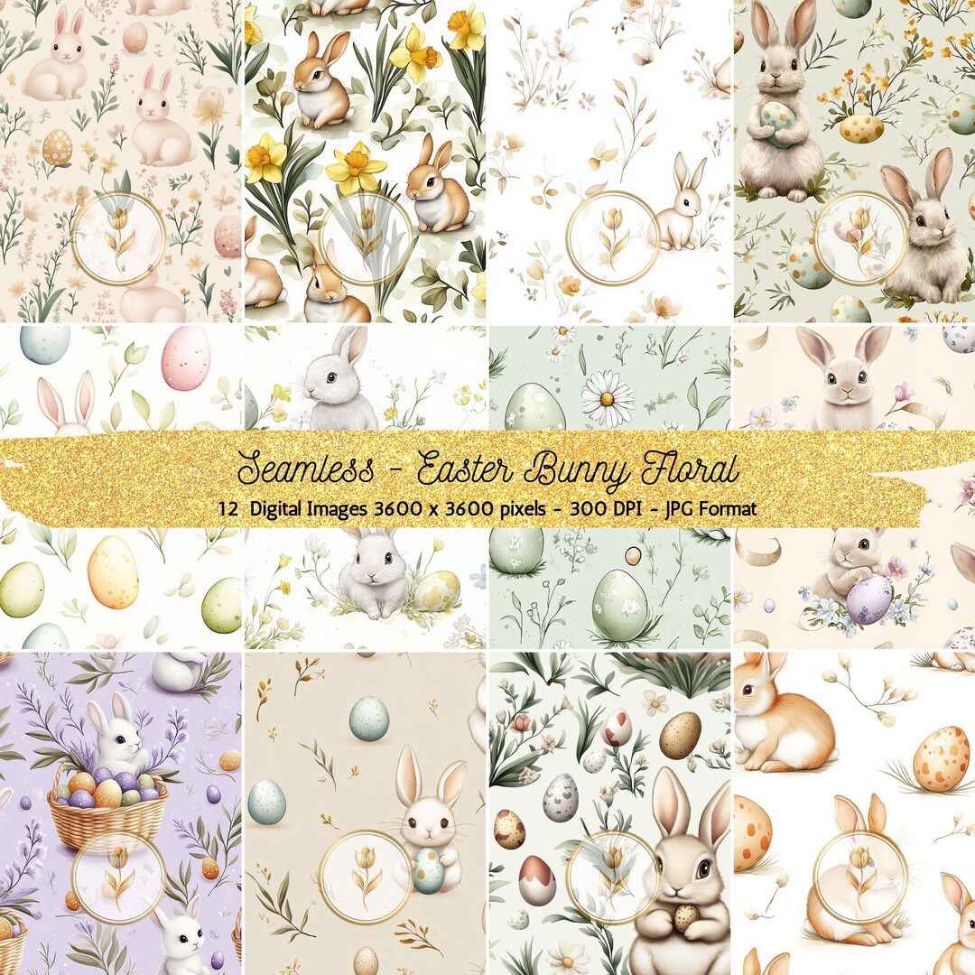 Easter Bunny Floral Digital Paper Bundle Bunnies Seamless Pattern ...