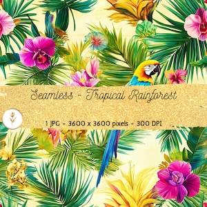 May include: A seamless tropical rainforest pattern featuring vibrant green palm leaves, colourful orchids, and a blue and yellow macaw. The background is a light yellow with a subtle texture.