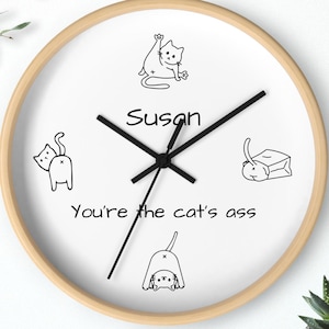 Reloj de pared personalizado con trasero de gato, regalo divertido para amantes de los gatos, decoración para el hogar y la oficina con nombre personalizado, regalo de broma.