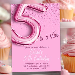 Girls “5 is a Vibe” Personalized Party Invitation | Pink 5th Birthday Celebration | Editable Template | Unlimited Digital Download 5x7